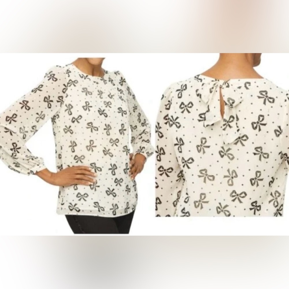 Talbots Bow Print Blouse Tie Neck Long Sleeve